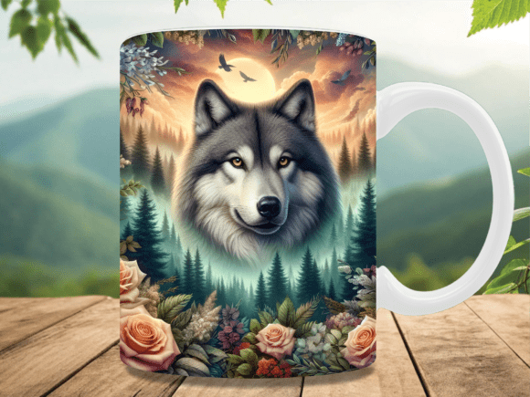 Download Majestic Wolf Forest Floral Mug Wrap - Majestic wolf Collection